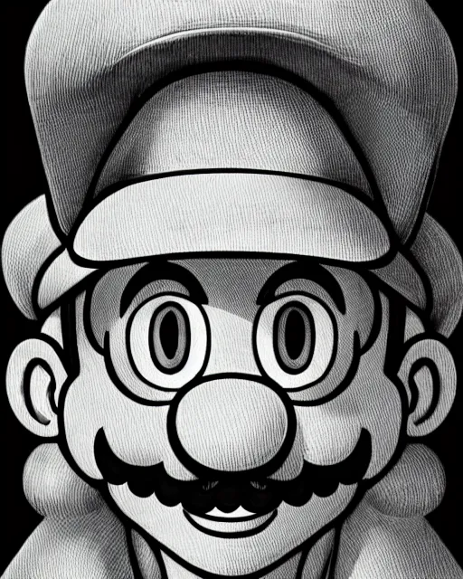 Prompt: mario with mushrooms, hyper realism, fine details, deviantart artstation, extremely detailed, black and white, very sharp, in the style of albrecht durer