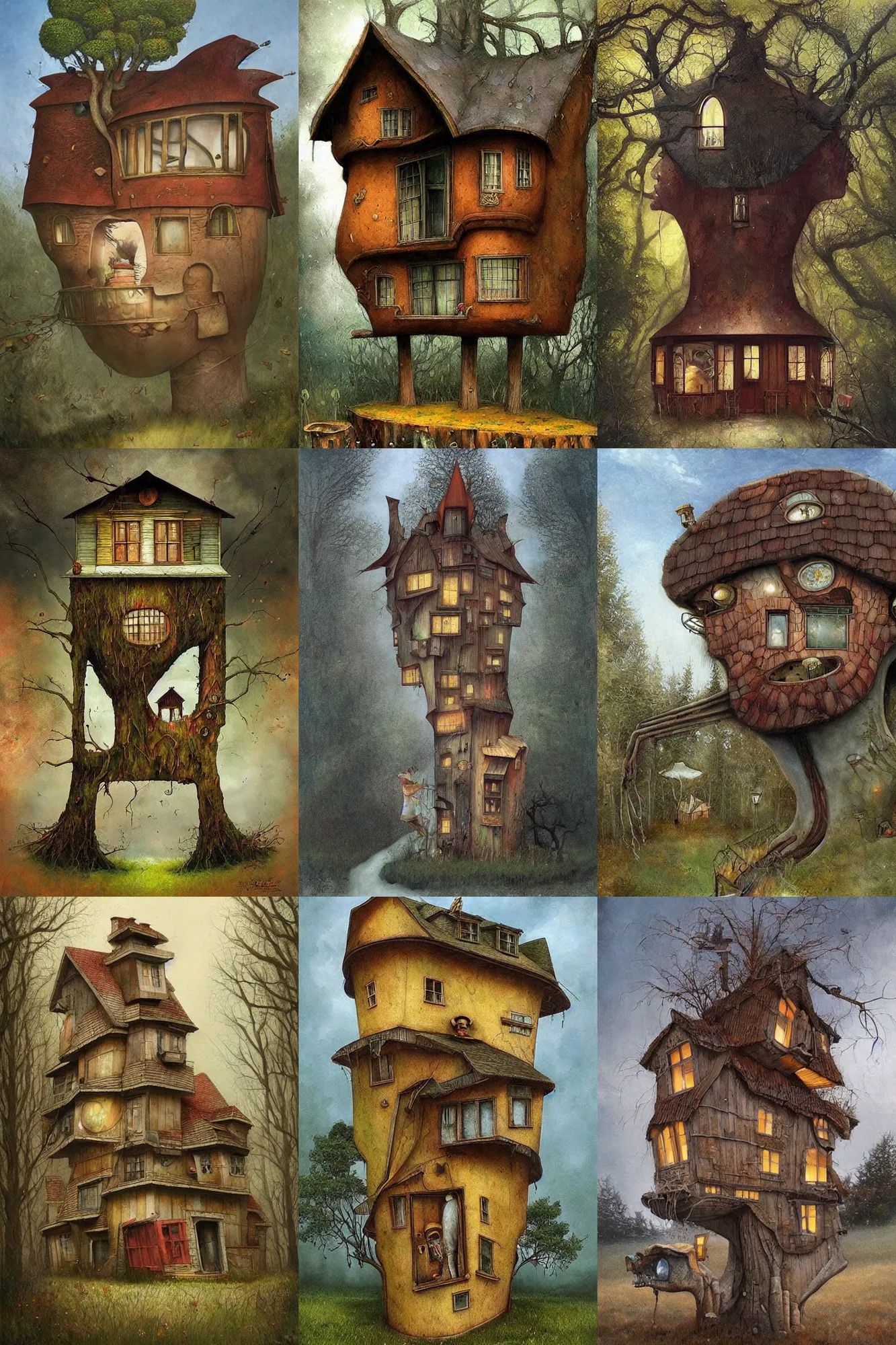 Prompt: Human head shaped house by Esao Andrews
