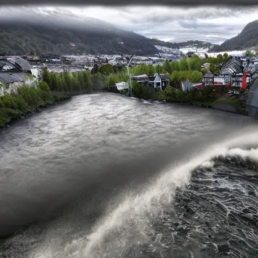 Image similar to a huge tsunami wave hits bergen, realistic, hdr, clear image, hdd, dynamic lighting, rtx on, clear image,