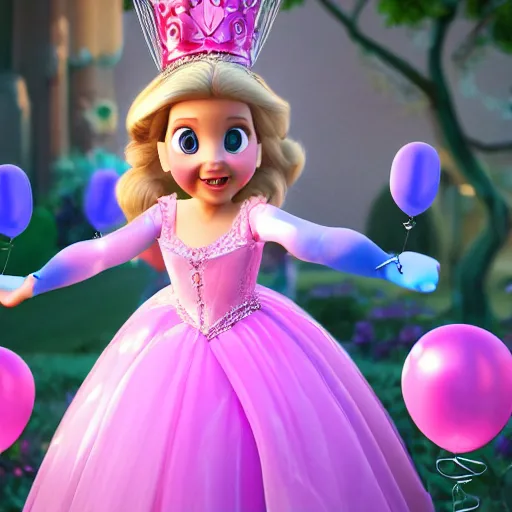 Image similar to a closeup photorealistic photograph of disney princess sophia at her birthday holding balloons and eating cake. brightly lit scene. this 4 k hd image is trending on artstation, featured on behance, well - rendered, extra crisp, features intricate detail, epic composition and the style of unreal engine.