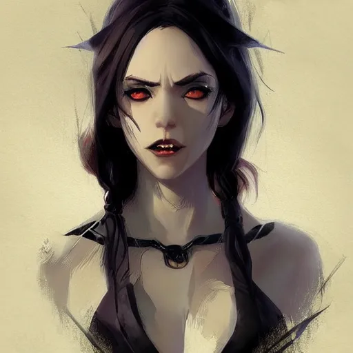 Image similar to female human vampire witch in the style of greg rutkowski, makoto shinkai, trending on artstation, character design, concept art, pretty face, highly detailed, long black hair, portrait, digital art