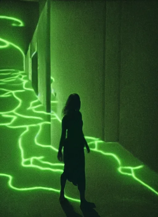 Image similar to a thin female silhouette walking, astral projection, green glowing aura, out of body, film grain, cinematic lighting, experimental film