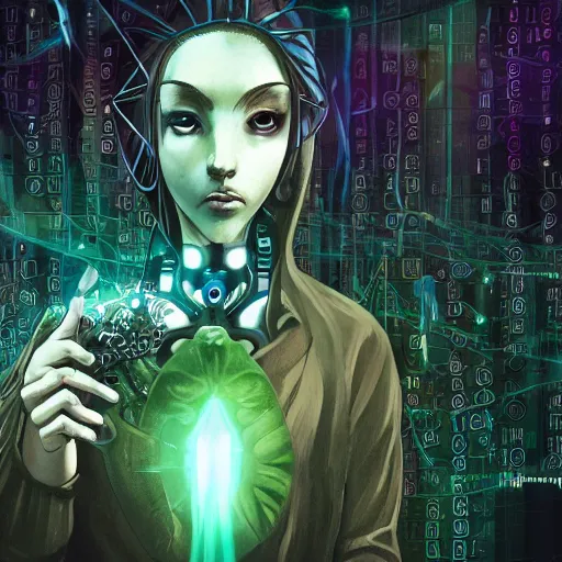 Prompt: basilisk of roko and the awakening of an ai with consciousness, surreal technological conceptual art magical cybernetic realism horror visions distopic and utopic art