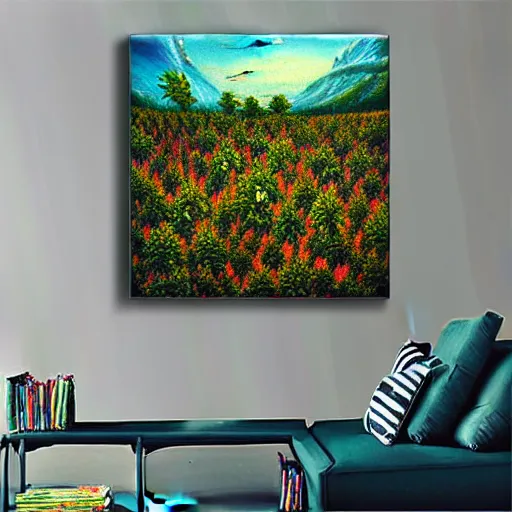 Prompt: cannabis fields on a beautiful alien landscape, colorful oil painting, highly detailed