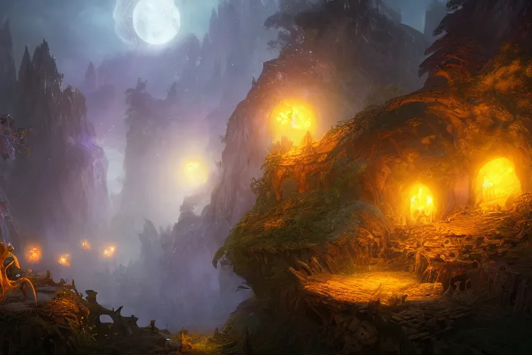 Prompt: fairy fae land moonlit, volumetric lighting, kingdoms of amalur screenshot, fantastical, cinematic lighting, smooth, focus, concept art, highly detailed, artstation, trending, feng zhu, shaddy safadi, noah bradley, tyler edlin, jordan grimmer, darek zabrocki, neil blevins, tuomas korpi