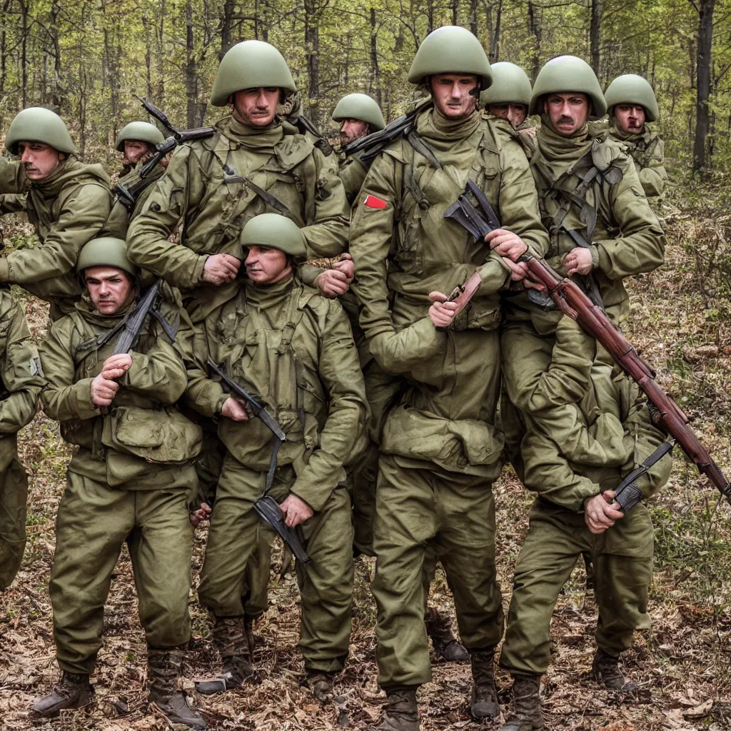 Image similar to soviet spetsnaz soldiers with mushrooms instead of helmets, retro, very detailed, 4 k, professional photography