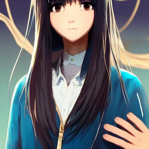 Image similar to profile shot of rimuru tempest averting his gaze, sky blue hair, straight hair, pretty, long bangs, golden eyes, black jacket with white stripes, a high frilly collar | highly detailed, unreal engine 5, digital painting, concept art, cinematic, wlop | artgerm, pixiv, ilya kuvshinov, andy warhol