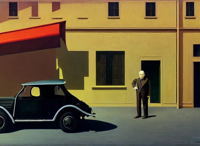 Image similar to aslouchy elegant old man with a black balloon stands at citroen ds 1 9 in grim rome, highly detailed, soft lighting, elegant, by edward hopper and james gilleard, zdzislaw beksinski, steven outram, highly detailed