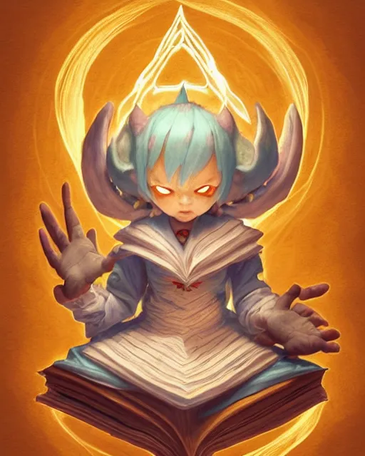 Image similar to a tiny adorable demon meditating, wrapped in sacred parchment with glowing text, smooth, intricate, elegant, digital painting, artstation, power runes, pulsing energy, concept art, sharp focus, octane render, illustration, art by shintaro kago and james jean, overwatch character,