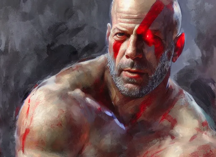 Prompt: a highly detailed beautiful portrait of bruce willis as kratos, by gregory manchess, james gurney, james jean