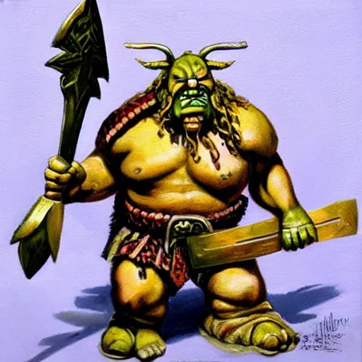 Image similar to ogre warrior wearing plated armor who is holding a battle axe in the style of warhammer fantasy : : head and torso oil painting