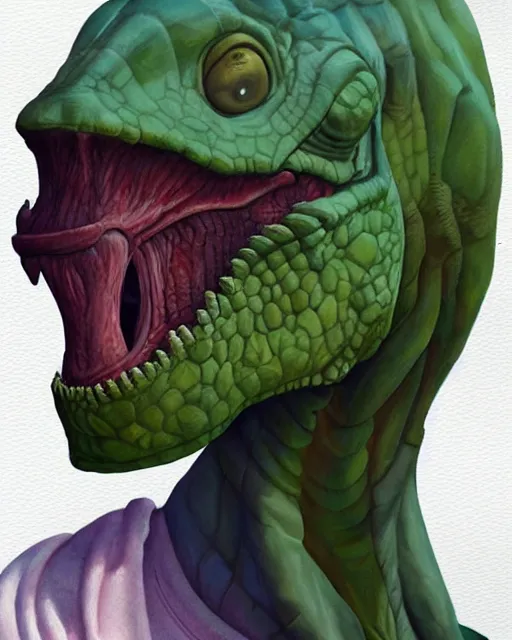 Prompt: a oil / watercolor painting full body character portrait of a humanoid dinosaur civilian in the style of moebius in the style of leonard boyarsky trending on artstation deviantart pinterest detailed photorealistic highlights and shadow hd 8 k post - processing high resolution