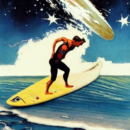 Prompt: surfing in space norman rockwell