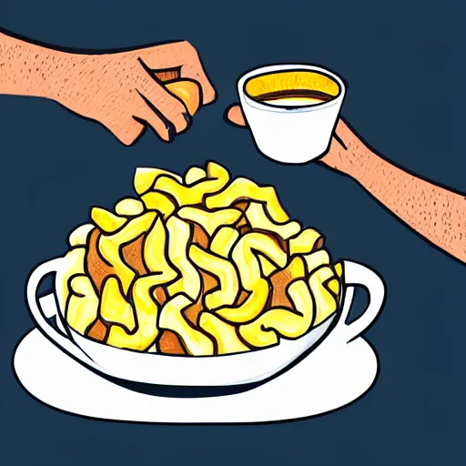 Prompt: a hand drawn illustration of a living box of KD mac and cheese holding a cup of coffee