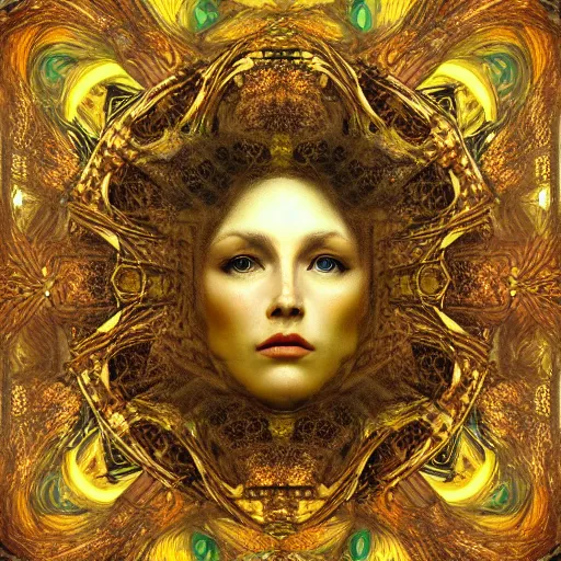 Image similar to Divine Chaos Engine by Karol Bak, Jean Deville, Gustav Klimt, and Vincent Van Gogh, celestial, visionary, sacred, fractal structures, ornate realistic gilded medieval icon, spirals, octane render