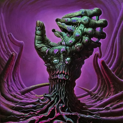 Image similar to NWOBHM metal album cover in the style of wayne barlowe and kenny scharf and mark arian, realistic, insanely detailed, soft, smooth, airbrush, play-doh, wet, slimy