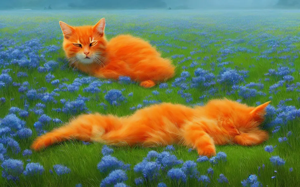 Prompt: fluffy orange cat sleeping in a field of blue flowers, matte painting, digital illustration, concept art, by makoto shinkai and ruan jia