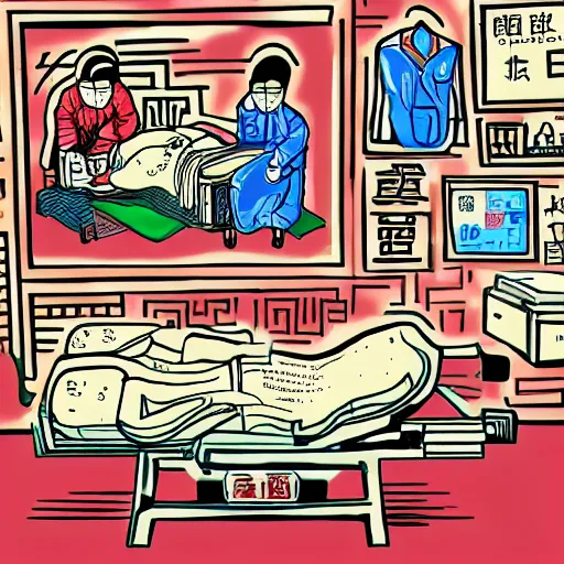 Prompt: chinese surgery operating table, in the style of daniel johnston and outsider art, 8k, line brush, minimal, overlaid with traditional chinese adverts