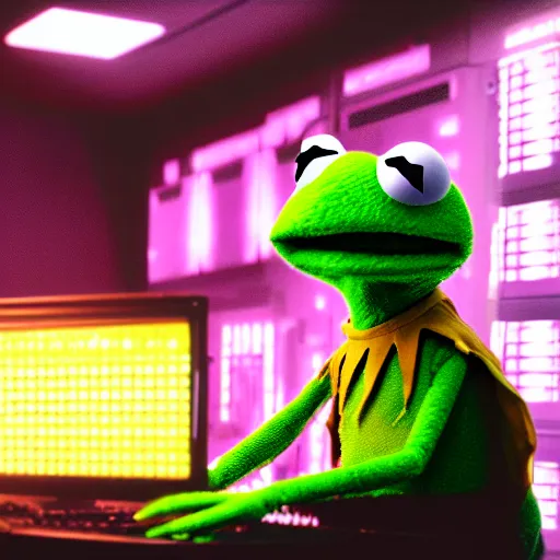 Image similar to Kermit the frog as a computer hacker, wearing a hoodie in a dim data center over a computer screen glowing, cyberpunk unreal 4k muppet digital art