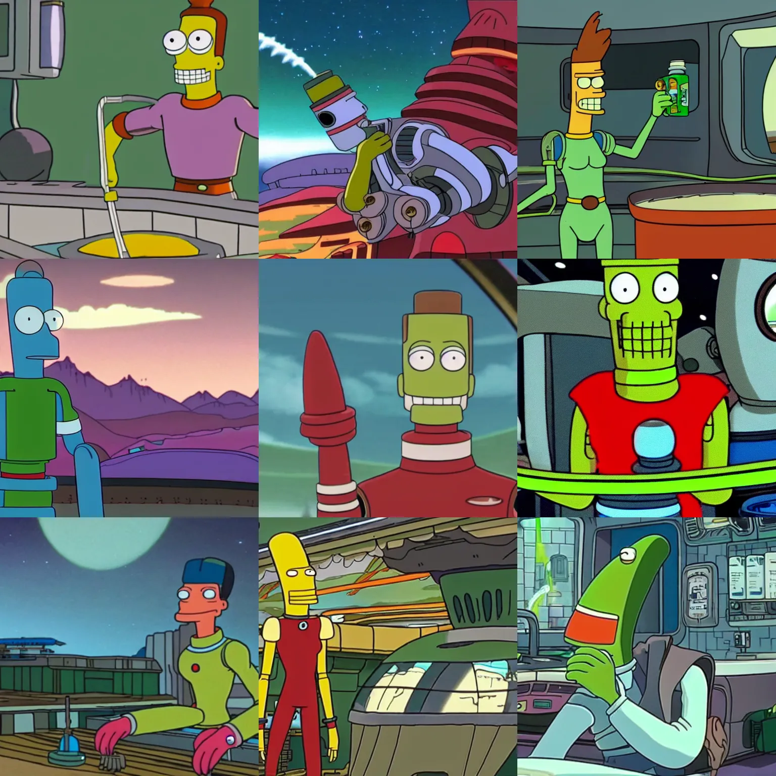 Prompt: a still of bender from futurama cleaning the planet express