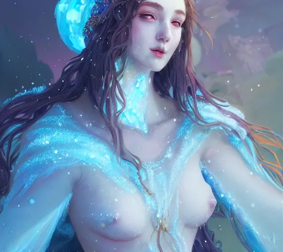 Image similar to beautiful ancient frost witch, fire in eye, snow glow, pool party, highly detailed, digital painting, artstation, sharp focus, illustration, art by tan zi and ayanamikodon and alphonse mucha and wlop!