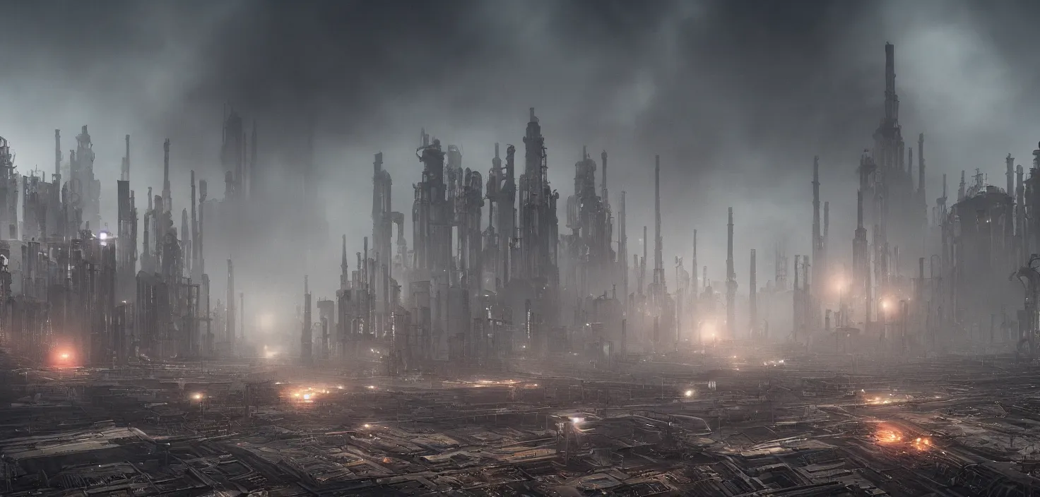 Prompt: city polluted industrial alien landscape, smoke, soot, cinematic, detailed, epic, widescreen, opening, establishing, mattepainting, photorealistic, realistic textures, octane render, hr giger and vincent di fate, vivid color scheme, featured in artstation, octane render, cinematic, elegant, intricate, 8 k