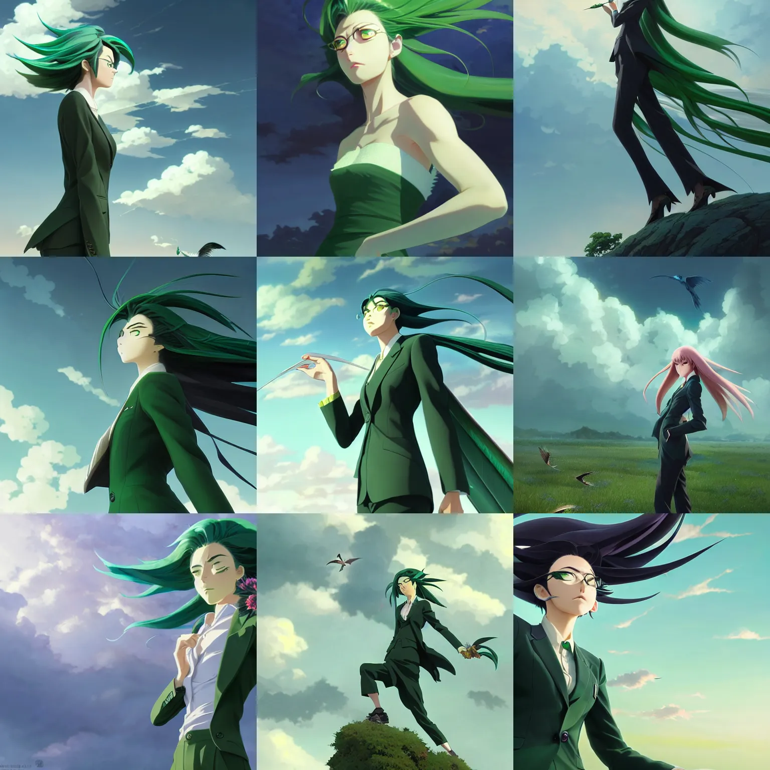 Prompt: harpy woman, green feathery hair, business suit, detailed face, exquisite details, mid view, cloudy sky background, by studio muti, greg rutkowski makoto shinkai takashi takeuchi studio ghibli