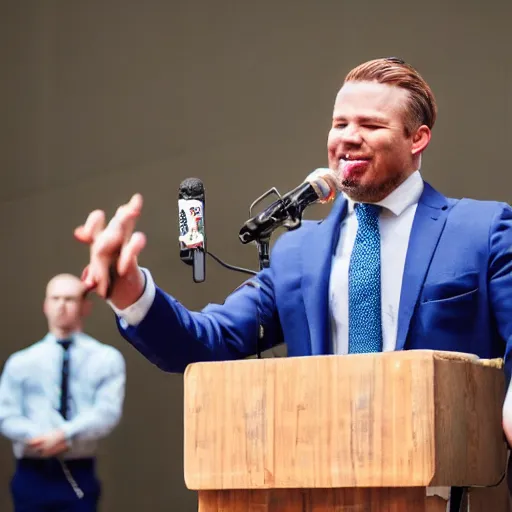 Prompt: a miniature pig in a suit giving a speech in front of a crowd of people