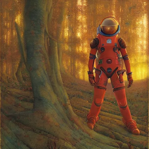Image similar to beautiful woman with red hair in spacesuit, lost in the martianMartian forest at dusk, by Edgar Maxence and Ross Tran and Michael Whelan and Gustav Klimpt