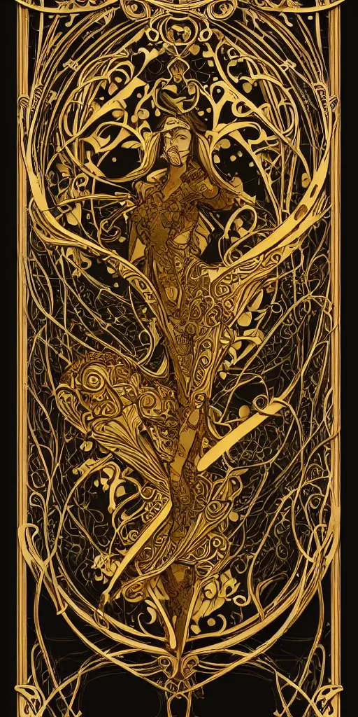 Image similar to an intricate art nouveau edges frame, with golden entertwined edges and empty black center, highly detailed, artstation, concept art, matte, sharp focus,