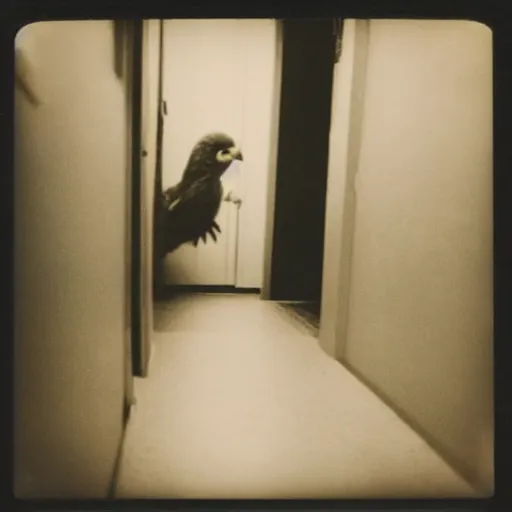 Prompt: A creepy polaroid photo of Big Bird chasing you down a hallway