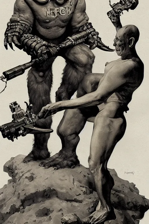 Image similar to 5 0 s pulp scifi fantasy illustration full body portrait martyn ford as huge troll wearing space armou, by norman rockwell, roberto ferri, daniel gerhartz, edd cartier, jack kirby, howard v brown, ruan jia, tom lovell, frank r paul, jacob collins, dean cornwell, astounding stories, amazing, fantasy, other worlds