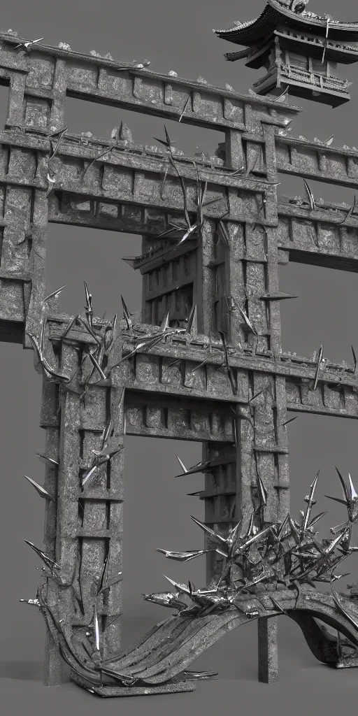 Prompt: 3 d render of a torii gate sculpture, chrometype, liquid metal, neotribal with thorns, japanese temple, raytraced, volumetric lightning, 8 k, by zheling xu, wlop, ouchh and and innate studio