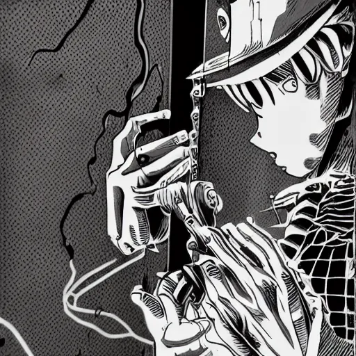 Prompt: close-up scene neighbor holding a drill and drilling holes in a room, all wall is drilled with holes, manga, professional manga artwork, very detailed, black and white manga horror in style of junji ito, kentaro miura, Tsutomu Nihei