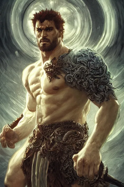 Image similar to portrait of auronplay as a hulking herculean demon, forest, godlike, full body, fantasy, intricate, elegant, highly detailed, digital painting, artstation, concept art, sharp focus, illustration, art by artgerm and greg rutkowski and alphonse mucha