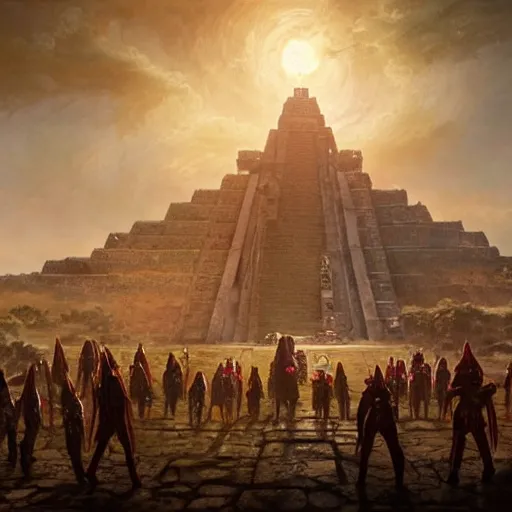 Prompt: Aztec priests meeting godlike aliens in an ancient Aztec temple. A generation ship looming in the sky. 8K Highly detailed fantasy artwork by Greg Rutkowski and pascal votan. Trending on artstation