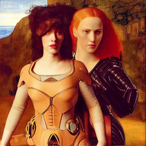 Prompt: portrait of cyborg robotic scarlet johansson and natalie portman in futuristic world, in the style of jan van eyck, albrecht durer, thomas dewing, lord frederic leighton