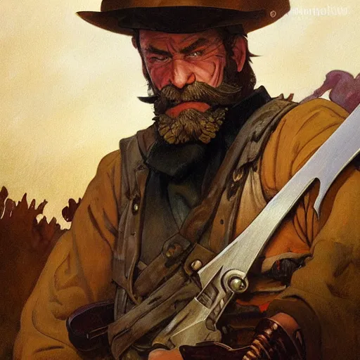 Image similar to N. C. Wyeth painting bearded gunslinger, painted fantasy character portrait, headshot, fantasy, highly detailed, digital painting, artstation, concept art, sharp focus, illustration, art by the golden age of American illustration archive, simon bisley and frank frazetta, artgerm and greg rutkowski and alphonse mucha