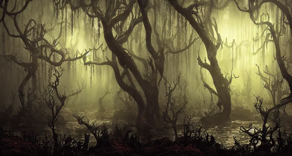 Prompt: A dense and dark enchanted forest with a swamp, by André François