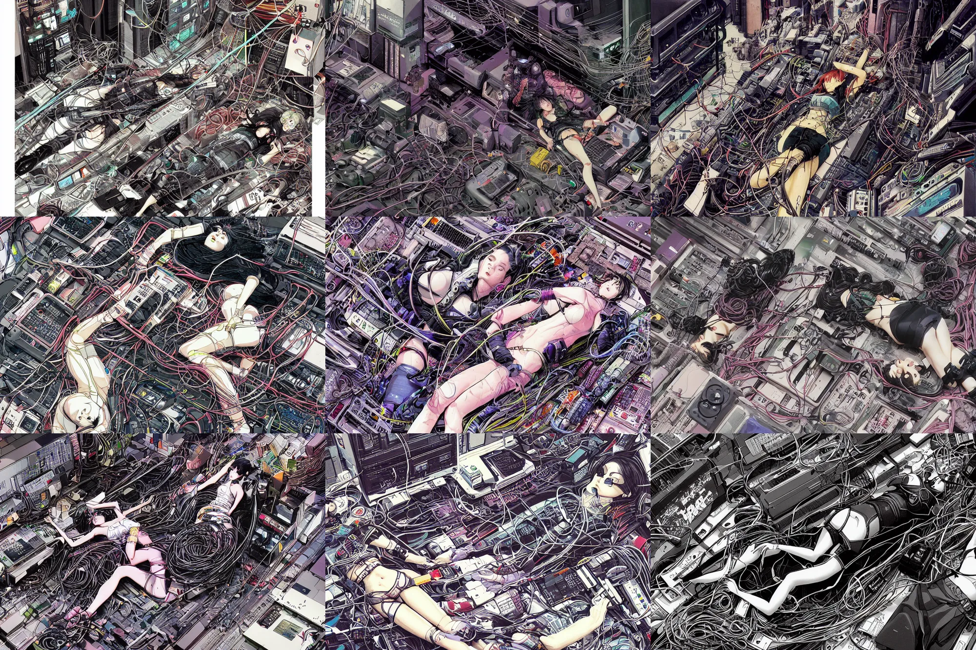 Prompt: a hyper-detailed cyberpunk illustration of android females lying over an empty floor, with her broken bodies and a mess of cables and wires coming out, by masamune shirow and katsuhiro otomo