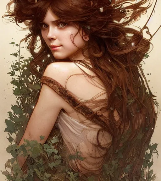 Prompt: beautiful cottagecore woman with brown hair, intricate, magical forest, stunning, highly detailed, digital painting, artstation, concept art, smooth, sharp, focus, illustration, art by artgerm and greg rutkowski and alphonse mucha