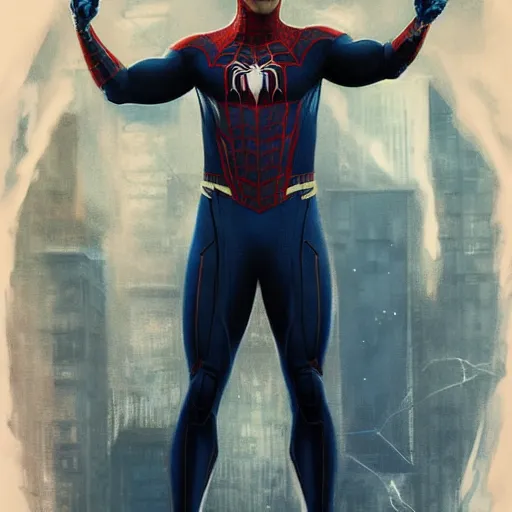 Image similar to ryan reynolds as a black and blue suit spider - man, cinematic, volumetric lighting, f 8 aperture, cinematic eastman 5 3 8 4 film, photorealistic by greg rutkowski, by stanley artgerm, by alphonse mucha