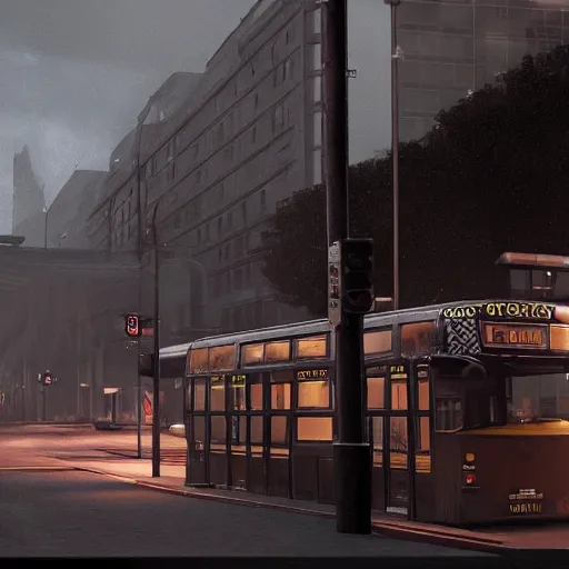 Prompt: dark city bus stop, unreal 5 realistic render,ArtStation