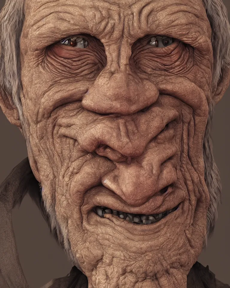 Prompt: A highly detailed portrait 3D render of a singular craggly old man. Wise, gaunt, ancient, smiling. ZBrush, Blender. Trending on cgsociety. Dramatic lighting. Beautiful. Colorful. By Mark Mann and Jimmy Nelson.