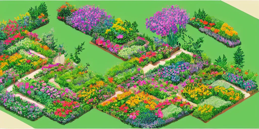 Image similar to an illustration of a beautiful garden, isometric view, painted