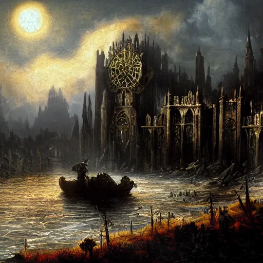 Image similar to irithyll of the boreal valley from dark souls 3, beautiful extremely detailed landscape oil on canvas in the style of 1 9 th century hudson river school of art