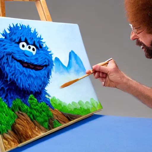 Image similar to a closeup photorealistic photograph of bob ross working on a canvas painting of cookie monster. film still. brightly lit scene. mountains and trees. this 4 k hd image is trending on artstation, featured on behance, well - rendered, extra crisp, features intricate detail, epic composition and the style of unreal engine.