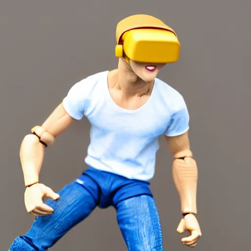 Image similar to action figure of a skinny blonde male wrestler wearing a vr headset and wearing a t - shirt and jeans, high detail, realistic,