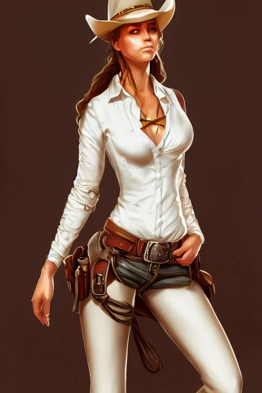 Image similar to full body, female cowgirl, perfect face, white blouse, holster, 8 k, magic the gathering, desert, d & d, artstation, high detail, smooth, sweaty character concepts by senior concept artist