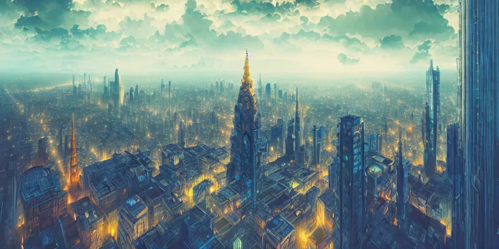 Image similar to city build on clouds, huge city, fantasy, highly detailed, high quality, 8 k, 4 k, octane render, digital painting, alena aenami, lilia alvarado, shinji aramaki, karol bak, alphonse mucha, tom bagshaw